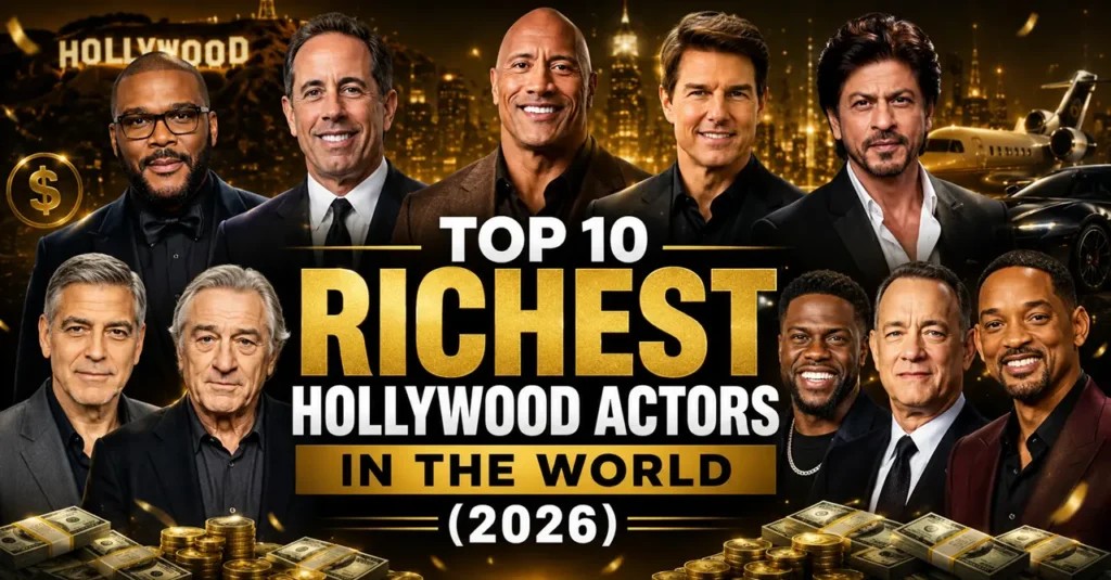 Top 10 Richest Hollywood Actors in the World (2026) featuring Tyler Perry, Jerry Seinfeld, Dwayne Johnson, Tom Cruise, Shah Rukh Khan, George Clooney, Robert De Niro, Kevin Hart, Tom Hanks, and Will Smith
