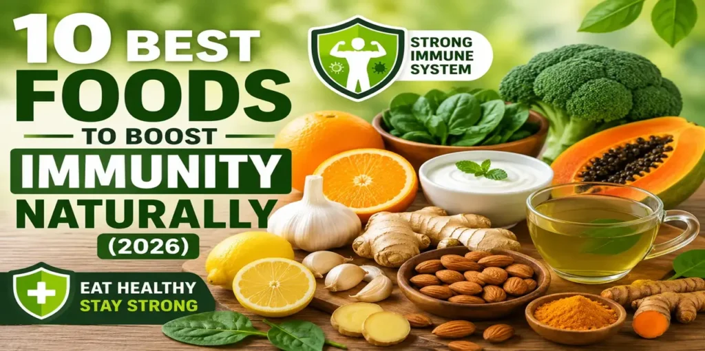 Best foods to boost immunity naturally including citrus fruits, garlic, ginger, spinach, broccoli, yogurt, almonds, green tea, turmeric, and papaya