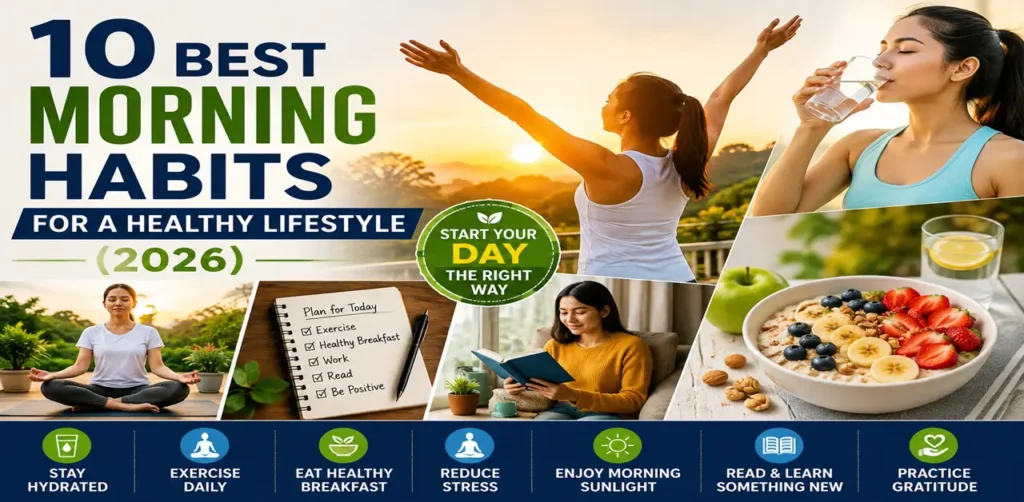 Best Morning Habits for a Healthy Lifestyle including exercise, healthy breakfast, meditation, hydration, and morning sunlight
