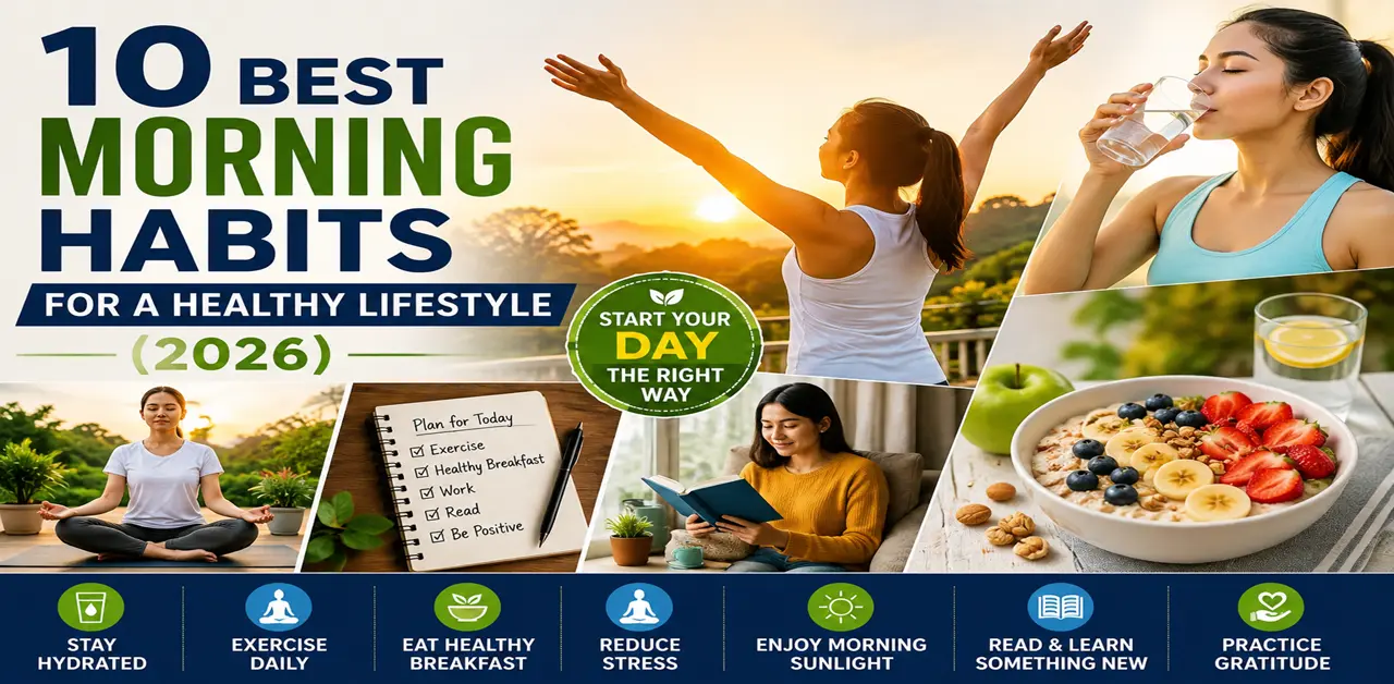 Best Morning Habits for a Healthy Lifestyle including exercise, healthy breakfast, meditation, hydration, and morning sunlight