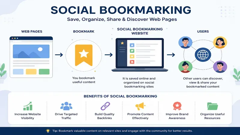 Social bookmarking concept showing web pages, bookmarks and users