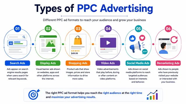Types of PPC advertising including search display shopping and video ads